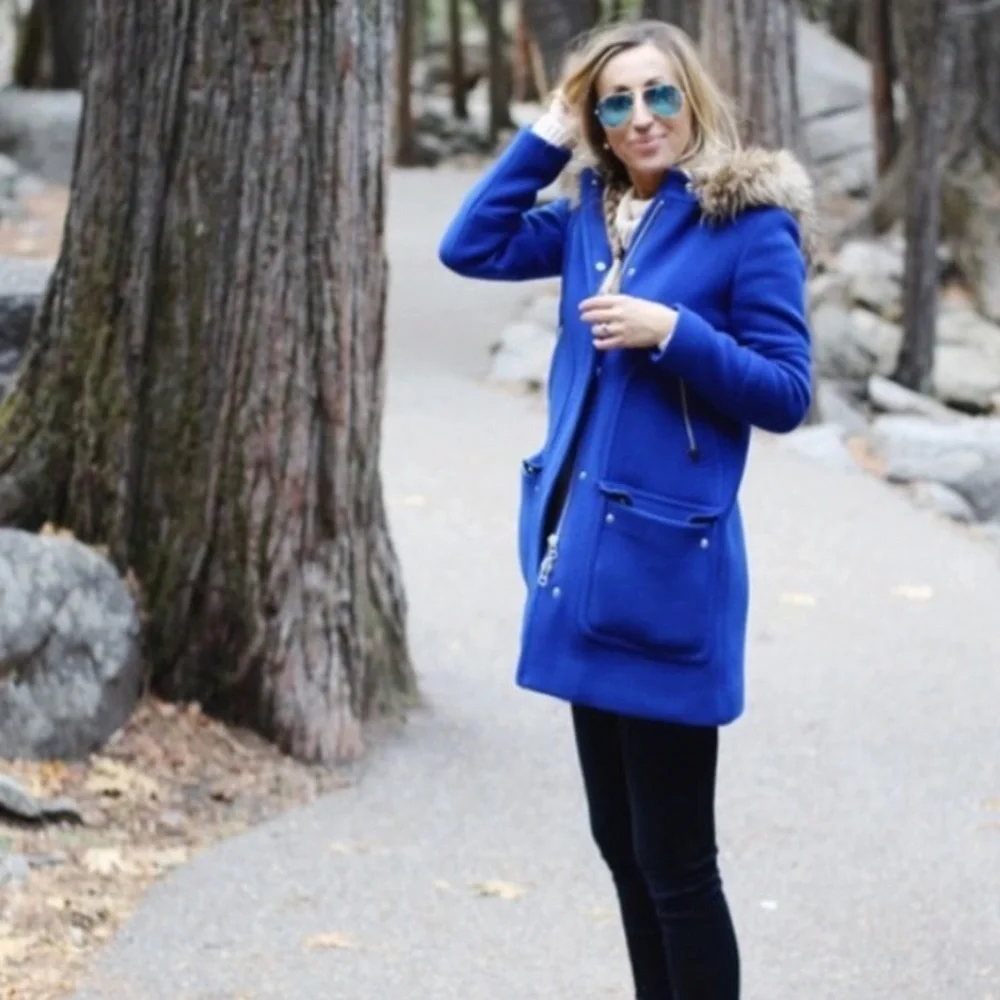 J. Crew Chateau Italian Stadium Cloth Wool Fur Parka Regal Brunswick Blue Size 2 - Picture 5 of 16